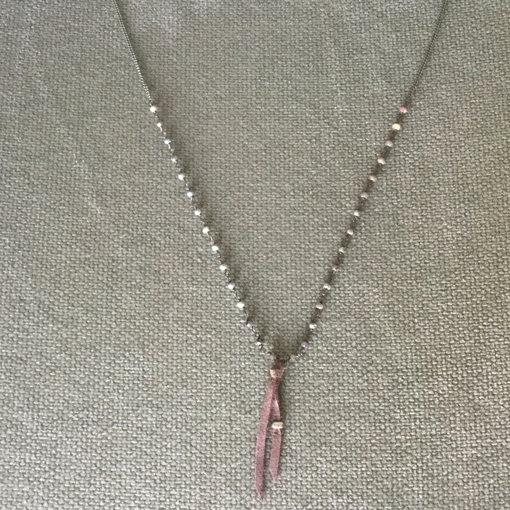 BRAND NEW Chan Luu 24” Silver Multi Sapphire Necklace with Mauve Leather Fringe